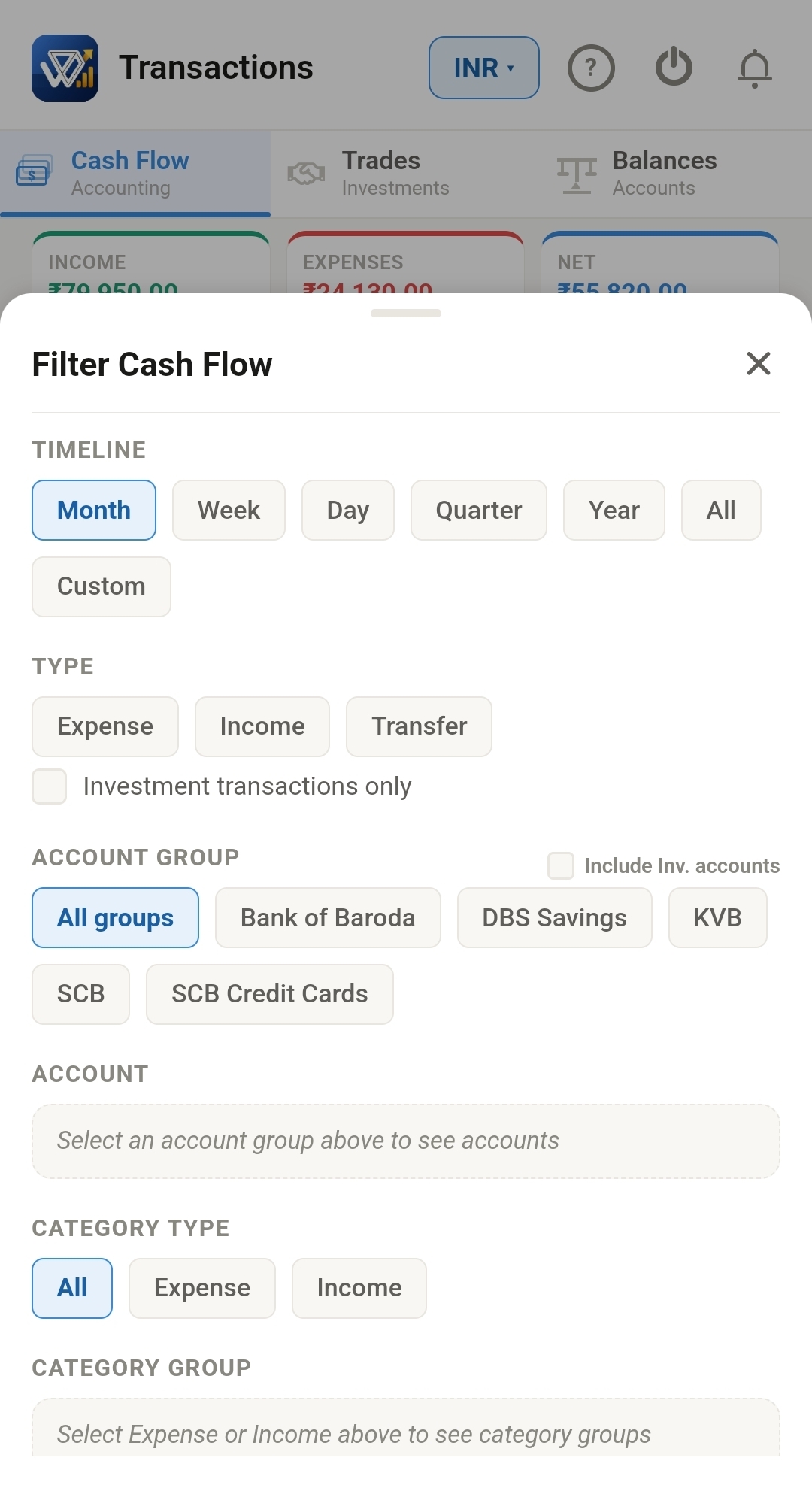 Filter drawer showing timeline, type, and account group filters