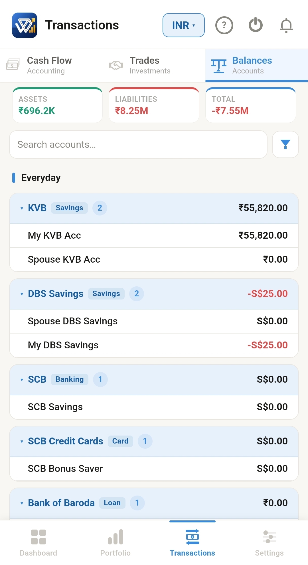 Account balances screen across multiple currencies and banks