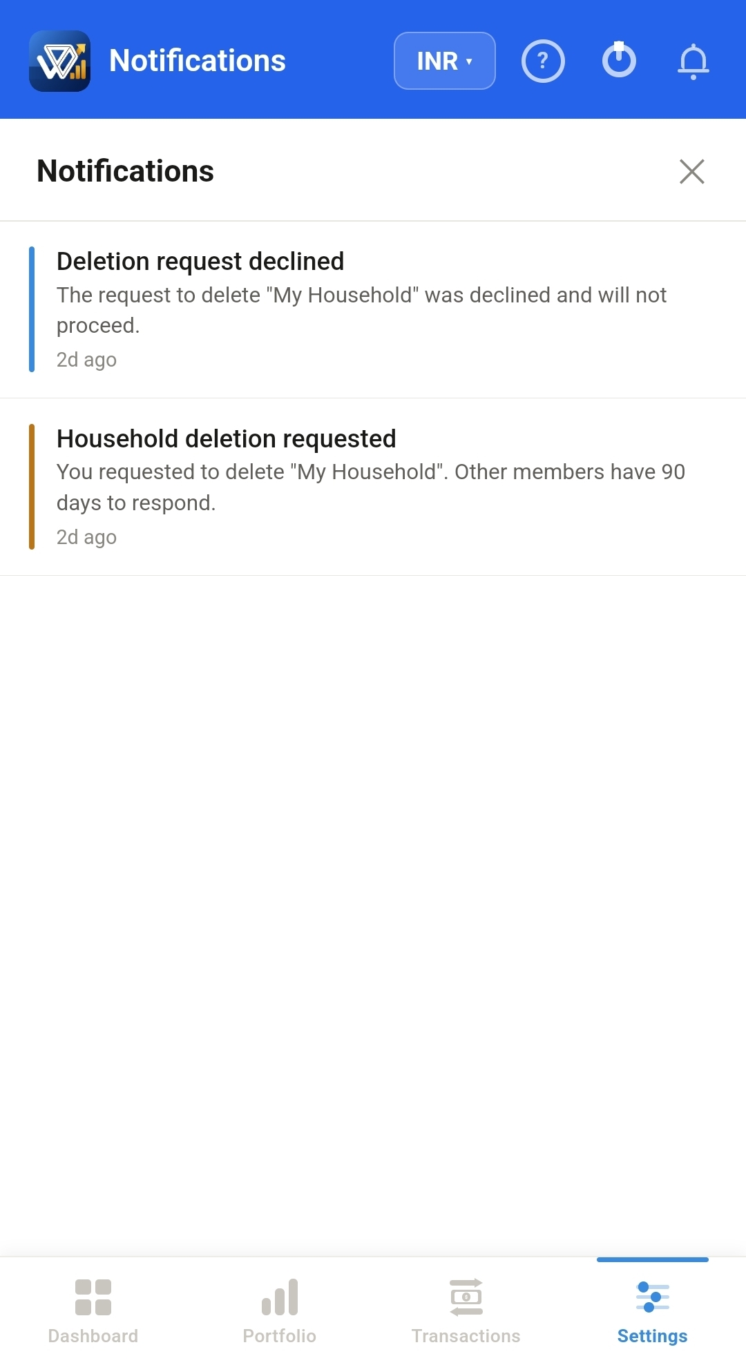 Notification center showing household deletion request and decline