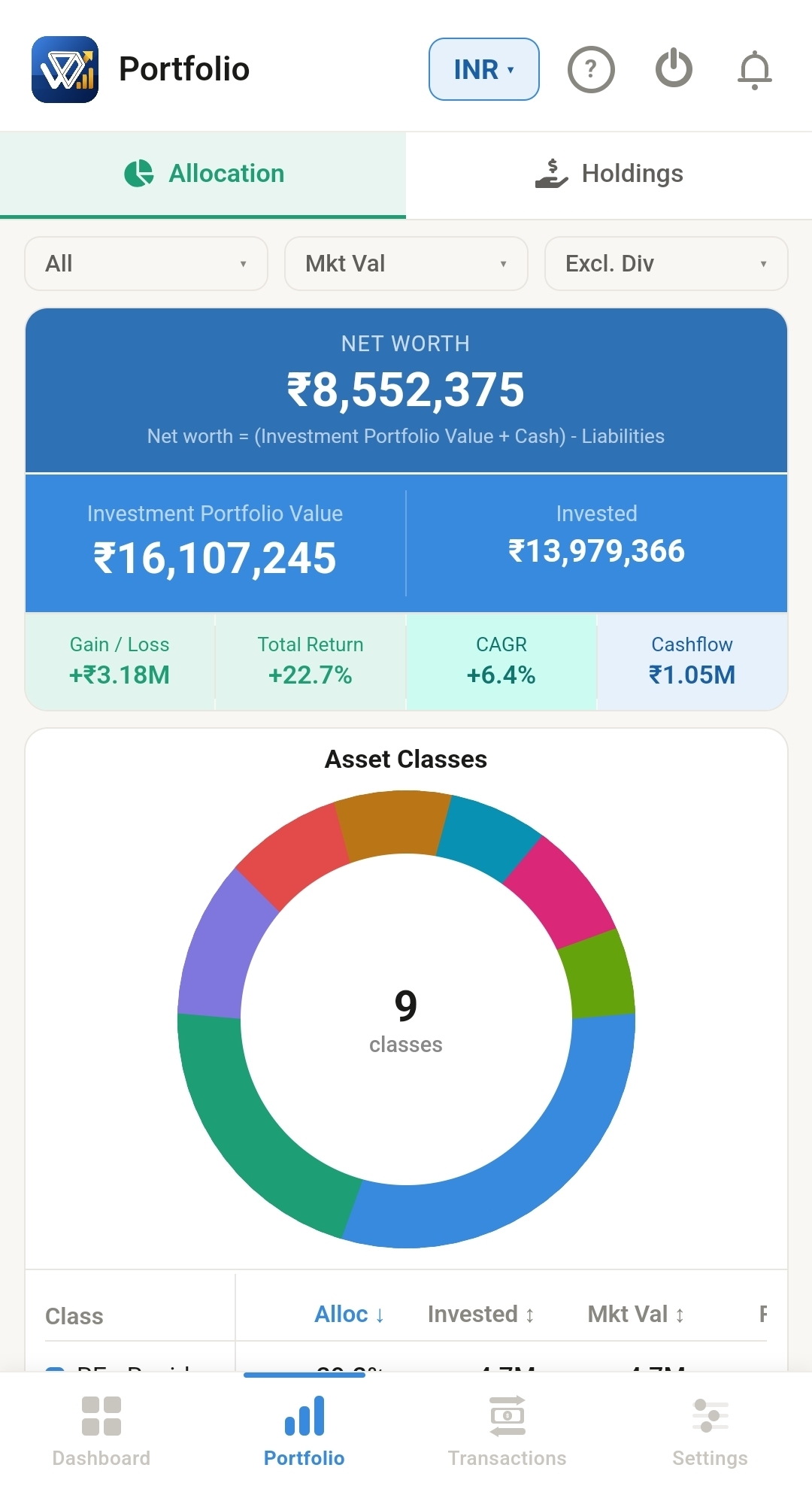Wealth Bites portfolio screen showing net worth and asset allocation